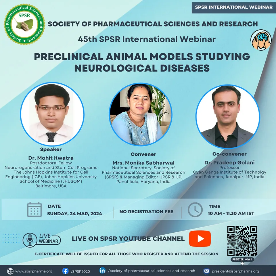 SPSR International Webinar on ‘Preclinical Animal Models Studying Neurological Diseases'