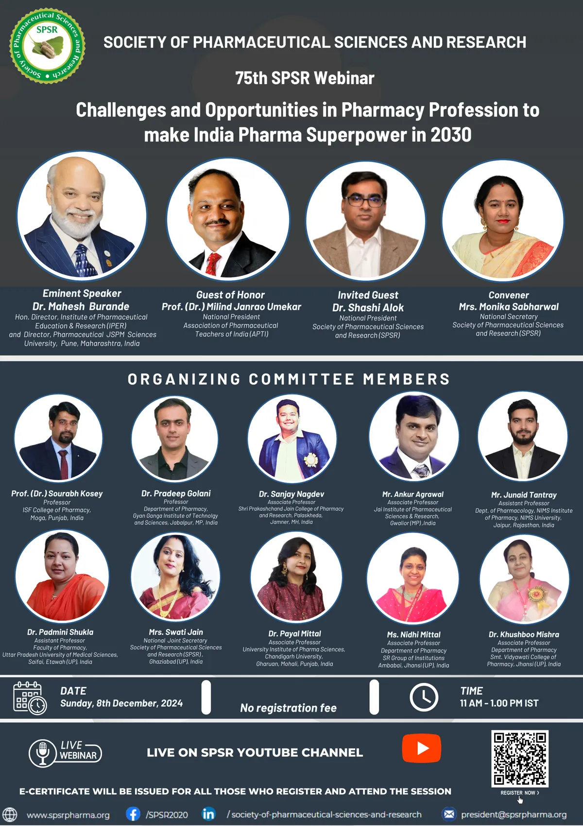75th SPSR Webinar on ‘Challenges and Opportunities in Pharmacy Profession to make India Pharma Superpower in 2030’